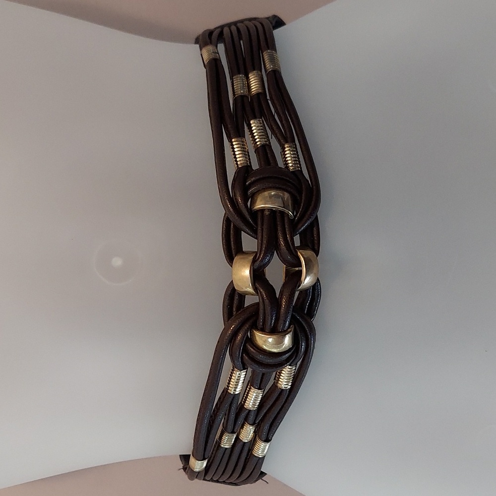 Vintage 1990s Brown Faux Leather Knotted Stretch Belt with Goldtone Details